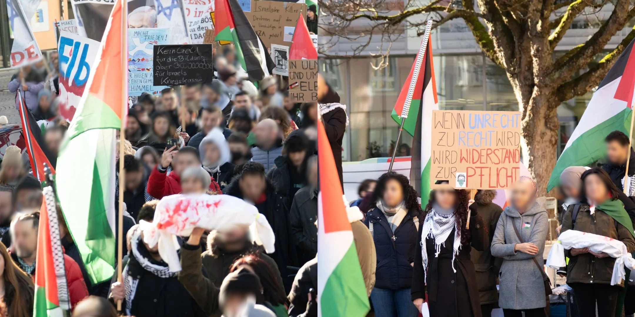 Demonstrationszug bestehend aus einer Menge Menschen mit Palästina-Fahnen und Schildern. Bild eine:r Demonstrant:in mit einem Schild mit dem Text &ldquo;Wenn Unrecht zu Recht wird, wird Widerstand zur Pflicht.&rdquo;