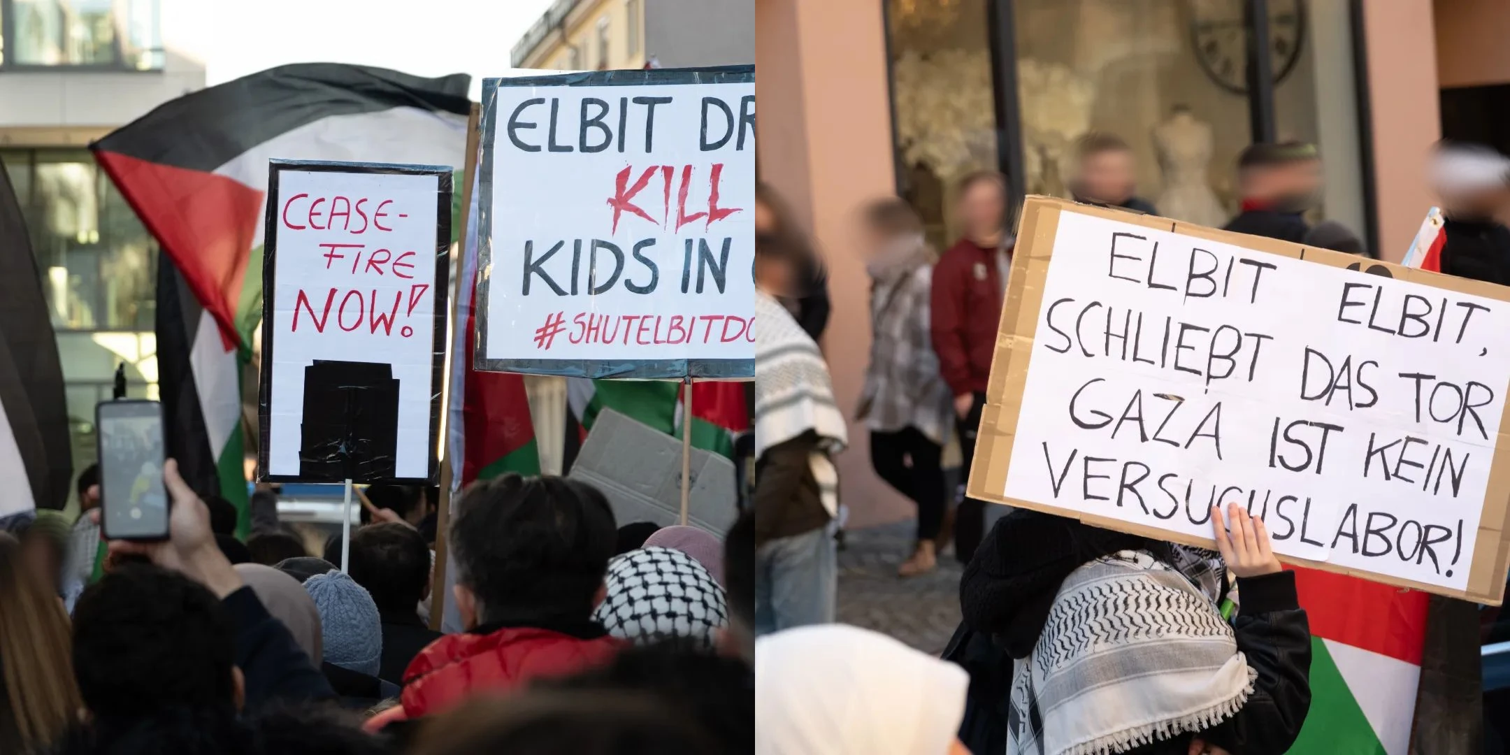 Demonstrant:innen mit Schildern mit dem Text &ldquo;Ceasefire now!&rdquo; und &ldquo;Elbit Elbit, schließ das Tor, Gaza ist kein Versuchslabor!&rdquo;